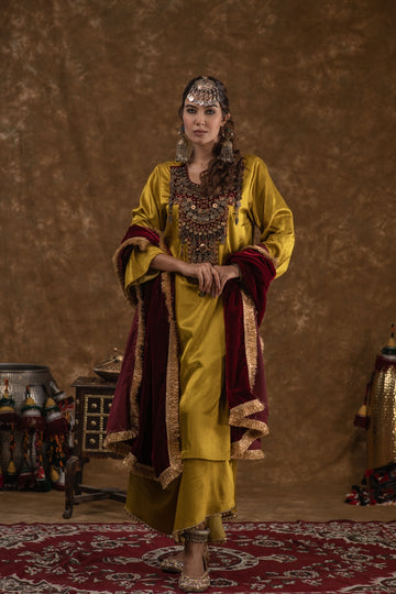 Shaira mustard and maroon combination 3 pc set